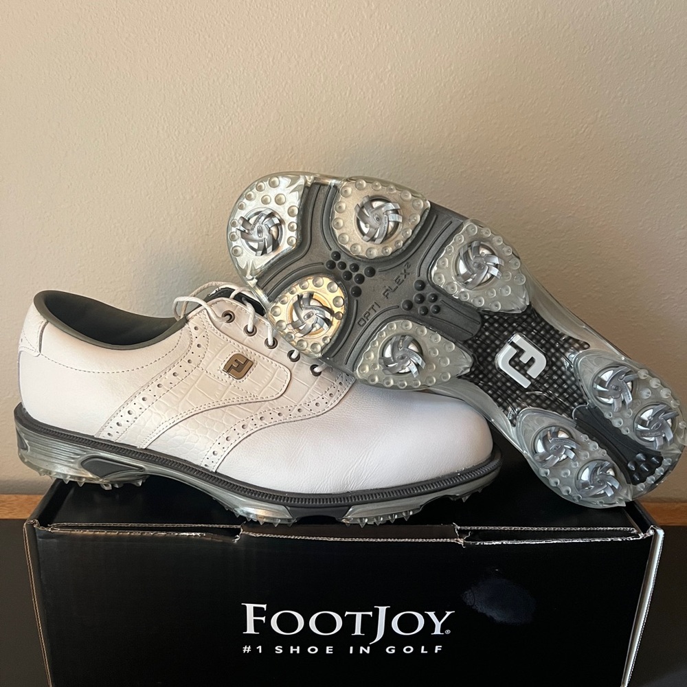 FootJoy DryJoys Men's 10.5M Tour Golf Shoes White Croc Leather Saddle Opti-Flex2